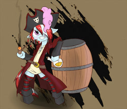 Size: 962x831 | Tagged: safe, artist:juanrock, oc, oc only, oc:melody grace, pony, fanfic:three of me: school society, barrel, belt, bipedal, bipedal leaning, bottle, female, hair over one eye, hat, leaning, mare, pink eyes, pipe, pirate, pirate hat, solo, two toned mane
