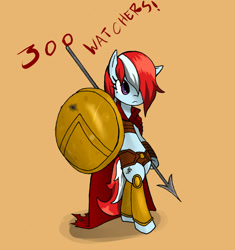 Size: 867x921 | Tagged: safe, artist:juanrock, oc, oc only, oc:melody grace, pony, fanfic:three of me: school society, bipedal, cape, clothes, female, hair over one eye, mare, orange background, pink eyes, shield, simple background, solo, spartan, spear, two toned mane, weapon