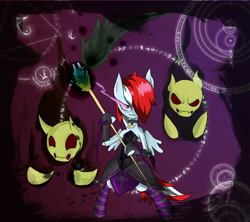 Size: 949x842 | Tagged: safe, artist:juanrock, oc, oc only, oc:melody grace, pegasus, pony, fanfic:three of me: school society, bipedal, choker, clothes, dress, female, glowing, glowing eyes, hair over one eye, mare, necromancer, skull, solo, staff, two toned mane