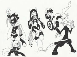 Size: 1024x765 | Tagged: safe, artist:juanrock, oc, oc only, oc:annabel fletcher, oc:charge, oc:cloud chaser, oc:razor graze, oc:vinetion, draconequus, pony, fanfic:three of me: school society, armor, bipedal, black and white, black widow (marvel), captain america, clothes, cosplay, costume, glasses, grayscale, group, gun, hammer, iron man, marvel, monochrome, shield, simple background, the avengers, thor, weapon, white background
