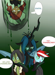 Size: 500x681 | Tagged: safe, artist:juanrock, queen chrysalis, oc, oc:cloud chaser, oc:razor graze, oc:vermillion brush, changeling, pony, g4, arm on shoulder, captured, cocoon, dialogue, female, glowing, glowing eyes, gradient background, green background, group, heterochromia, male, mare, mind control, stallion, two toned mane