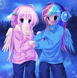 Size: 1440x1449 | Tagged: safe, artist:bonnybel_, fluttershy, rainbow dash, human, equestria girls, g4, anime, anime style, clothes, cute, duo, duo female, eared humanization, earmuffs, female, folded wings, humanized, lesbian, pale skin, pony ears, scarf, ship:flutterdash, shipping, tan skin, winged humanization, wings, winter outfit