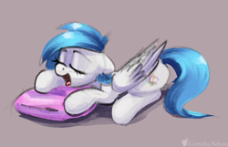 Size: 2476x1598 | Tagged: safe, artist:cornelia_nelson, oc, oc only, oc:graceful motion, pegasus, pony, cute, eyelashes, eyes closed, folded wings, lying down, open mouth, pillow, simple background, sleeping, snoring, solo, wings