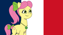 Size: 3485x1936 | Tagged: safe, artist:edy_january, artist:prixy05, edit, vector edit, posey bloom, earth pony, pony, g5, my little pony: tell your tale, europe, flag, flag background, france, ponytail, simple background, solo, vector, vector used, wallpaper