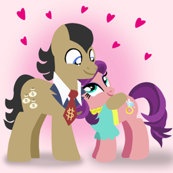 Size: 1400x1400 | Tagged: safe, artist:mlplary6, filthy rich, spoiled rich, earth pony, pony, g4, clothes, female, heart, husband and wife, lineless, looking at each other, looking at someone, love, male, mare, ship:spoilthy, shipping, smiling, smiling at each other, stallion, straight