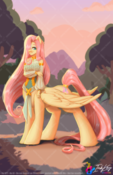 Size: 792x1224 | Tagged: safe, artist:inkkeystudios, fluttershy, centaur, pegasus, anthro, taur, g4, anthro centaur, centaurshy, clothes, dress, hair over one eye, lidded eyes, looking at you, obtrusive watermark, pegataur, smiling, solo, watermark, wings