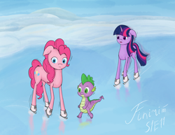 Size: 3300x2550 | Tagged: safe, artist:finirim, pinkie pie, spike, twilight sparkle, dragon, earth pony, pony, unicorn, g4, my little pony: friendship is magic, season 1, winter wrap up, floppy ears, high res, ice, snow, thin legs, unicorn twilight, winter