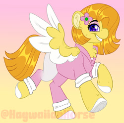 Size: 1600x1596 | Tagged: safe, artist:thehaywaiianhorse, oc, oc only, oc:seneca, pegasus, pony, clothes, colored wings, female, gradient background, mare, solo, two toned wings, wings