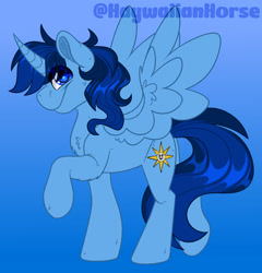 Size: 1600x1667 | Tagged: safe, artist:thehaywaiianhorse, oc, oc only, oc:blue thunder, alicorn, pony, alicorn oc, gradient background, horn, male, solo, stallion, wings