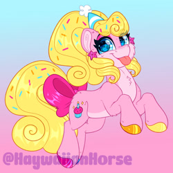 Size: 1600x1598 | Tagged: safe, artist:missbramblemele, oc, oc only, oc:sugar sprinkles, earth pony, pony, bow, female, gradient background, hat, mare, party hat, solo, tail, tail bow, tongue out