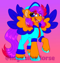 Size: 1600x1675 | Tagged: safe, artist:thehaywaiianhorse, oc, oc only, oc:claude, pegasus, pony, clothes, colored wings, female, gradient background, mare, solo, two toned wings, wings