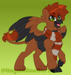 Size: 1600x1703 | Tagged: safe, artist:thehaywaiianhorse, oc, oc only, oc:greyfeather, griffon, clothes, gradient background, male, scarf, solo