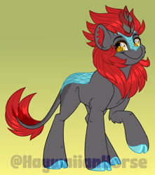 Size: 1600x1813 | Tagged: safe, artist:thehaywaiianhorse, oc, oc only, oc:ember skies, kirin, cloven hooves, cracked horn, gradient background, horn, raised hoof, solo