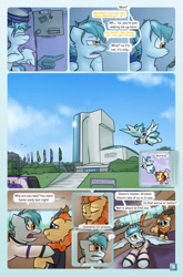 Size: 2033x3072 | Tagged: safe, artist:captainhoers, oc, oc:aurora (hoers), oc:concorde, kirin, pegasus, pony, comic:stardust:the sky belongs to no one, alarm clock, bed, bed mane, bedside stand, building, clock, clothes, clothes on floor, comic, female, flag, flag pole, flying, high res, nonbinary, nonbinary pride flag, offscreen character, offspring, parent:soarin', parent:spitfire, parents:soarinfire, phone, phone call, pride, pride flag, tram, waking up