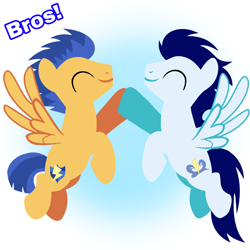 Size: 1400x1400 | Tagged: safe, artist:mlplary6, flash sentry, soarin', pegasus, pony, g4, bros, duo, duo male, eyes closed, flying, friends, gradient background, hoofbump, male, smiling, spread wings, stallion, text, wings