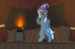 Size: 620x406 | Tagged: safe, artist:thomas.senko, trixie, pony, unicorn, g4, clothes, commission, commission open, female, fire, hat, mare, smiling, trixie's hat