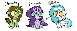 Size: 1273x516 | Tagged: safe, artist:detpoot, oc, oc only, oc:amaretto, oc:biscotto, oc:pandoro, changeling, waspling, foal, lustling, simple background, white background