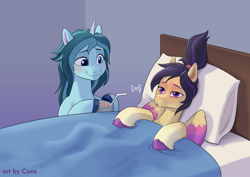 Size: 3508x2480 | Tagged: safe, artist:pwnagespartan, oc, oc only, pegasus, pony, unicorn, g5, bed, duo, high res, horn, pegasus oc, pillow, sick, thermometer, unicorn oc