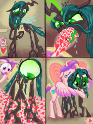 Size: 3000x4000 | Tagged: safe, artist:ja0822ck, princess cadance, queen chrysalis, alicorn, changeling, changeling queen, pony, g4, a better ending for chrysalis, big eyes, bloodshot eyes, booth, changeling feeding, comforting, concave belly, crying, eating, emaciated, feeding, heart, hungry, impossibly thin waist, leaking, looking at belly, looking at self, love, magic, magic aura, princess of love, sad, skinny, starving, stomach growl, stomach noise, stuffing, thin, turned head