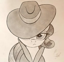 Size: 1764x1730 | Tagged: safe, artist:engi, rarity, pony, unicorn, g4, clothes, detective, detective rarity, female, hat, pencil drawing, shadow spade, simple background, solo, traditional art