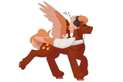Size: 3000x2000 | Tagged: safe, artist:itstechtock, oc, oc only, oc:golden flare, pegasus, pony, bandage, broken bone, broken wing, cast, colored hooves, colored wings, eyes closed, freckles, happy, headphones, high res, injured, male, music, one wing out, ponified, short tail, simple background, sling, solo, species swap, stallion, tail, transparent background, walking, wings