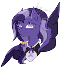 Size: 3485x3999 | Tagged: safe, artist:thecommandermiky, oc, oc only, oc:miky command, pegasus, pony, bust, clothes, hair accessory, hair tie, high res, long mane, pegasus oc, purple eyes, purple hair, purple mane, simple background, solo, spots, spread wings, tied hair, transparent background, wings