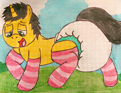 Size: 3933x3037 | Tagged: safe, artist:bitter sweetness, oc, oc only, oc:bitter sweetness, pony, unicorn, abdl, adult foal, blue sky, clean diaper, clothes, cloud, diaper, diaper fetish, fetish, graph paper, grass, green eyes, high res, horn, male, non-baby in diaper, open mouth, open smile, poofy diaper, smiling, socks, striped socks, traditional art
