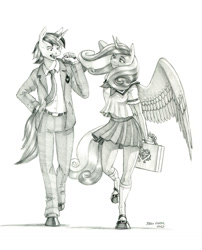 Size: 1100x1364 | Tagged: safe, artist:baron engel, princess cadance, shining armor, alicorn, unicorn, anthro, unguligrade anthro, g4, belt, clothes, duo, female, grayscale, male, monochrome, pants, pencil drawing, school uniform, simple background, skirt, spread wings, traditional art, white background, windswept mane, wings