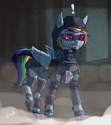 Size: 1500x1686 | Tagged: safe, artist:madhotaru, rainbow dash, pegasus, pony, g4, armor, clothes, colored eyebrows, colored eyelashes, exclamation point, face paint, fantasy class, female, mare, rogue, solo, surprised, text, trap (device)