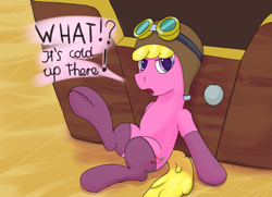 Size: 2229x1614 | Tagged: safe, artist:frilanka, cherry berry, earth pony, pony, g4, annoyed, aviator goggles, aviator hat, balloon, clothes, female, goggles, hat, hot air balloon, leaning back, looking at you, mare, raised leg, sitting, socks, solo, speech bubble, text, thigh highs