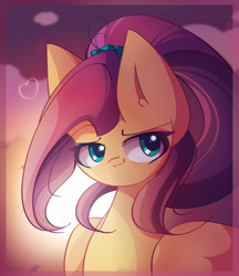 Size: 2250x2600 | Tagged: safe, artist:miryelis, fluttershy, pegasus, pony, g4, :3, big ears, bust, cloud, cute, female, green eyes, heart, high res, long hair, mare, older, older fluttershy, passepartout, shyabetes, signature, sky, smiling, solo, sunset