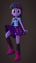 Size: 1080x1920 | Tagged: safe, artist:palmman529, twilight sparkle, human, equestria girls, g4, 3d, blender, boots, boots swap, clothes, female, puffy sleeves, shirt, shoes, skirt, smiling, solo, stomping, teenager