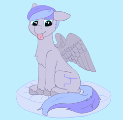 Size: 1610x1571 | Tagged: safe, artist:dsksh, oc, oc only, oc:discoordination, pegasus, pony, :p, blue background, cyan background, looking at you, male, pegasus oc, pillow, simple background, sitting, solo, spread wings, stallion, tail, tongue out, two toned mane, two toned tail, wings