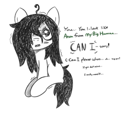 Size: 598x540 | Tagged: safe, artist:castafae, oc, oc:floor bored, earth pony, pony, dialogue, female, filly, foal, hair over one eye, shaking, sitting, solo, starry eyes, wingding eyes