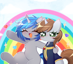 Size: 2100x1837 | Tagged: safe, artist:arwencuack, oc, oc only, oc:homage, oc:littlepip, pony, unicorn, fallout equestria, blushing, chest fluff, chibi, eyes closed, female, lesbian, oc x oc, open mouth, open smile, rainbow, ship:pipmage, shipping, sitting, smiling