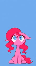 Size: 1658x3000 | Tagged: safe, artist:noupu, pinkie pie, earth pony, pony, g4, blue background, cute, diapinkes, female, floppy ears, looking up, mare, sad, sadorable, simple background, sitting, solo, teary eyes
