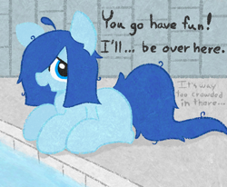 Size: 694x573 | Tagged: safe, artist:castafae, oc, oc only, oc:babbling brook, earth pony, pony, dialogue, female, hair over one eye, lying down, mare, messy mane, solo, swimming pool