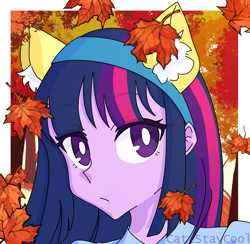 Size: 3529x3451 | Tagged: safe, artist:cattstaycool, twilight sparkle, human, equestria girls, g4, autumn, autumn leaves, bust, ear fluff, eyebrows, eyebrows visible through hair, fake ears, female, frown, hairband, high res, leaves, looking at you, portrait, signature, solo