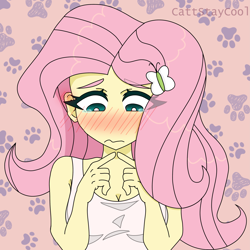 Size: 3201x3206 | Tagged: safe, artist:cattstaycool, fluttershy, human, equestria girls, g4, blushing, breasts, cleavage, clothes, colored eyebrows, cute, eye clipping through hair, eyebrows, eyebrows visible through hair, female, fingers together, frown, high res, looking away, looking down, patterned background, sad, sadorable, shyabetes, signature, simple background, social anxiety, solo, tank top, teary eyes, wavy mouth