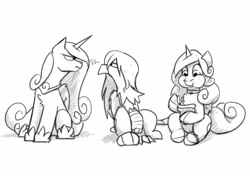 Size: 3500x2500 | Tagged: safe, artist:captainhoers, princess cadance, princess flurry heart, oc, alicorn, griffon, pony, g4, canon x oc, female, glare, grayscale, griffon oc, high res, lesbian, looking at each other, looking at someone, mare, monochrome, narrowed eyes, older, older flurry heart, shipping, simple background, trio, white background