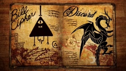 Size: 2560x1440 | Tagged: safe, artist:arandomperson, discord, draconequus, g4, antagonist, bill cipher, crossover, duo, duo male, gravity falls, journal, male, name, triangle