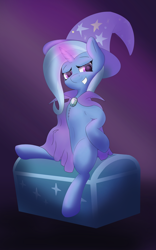 Size: 4000x6425 | Tagged: safe, artist:jellyworm, derpibooru exclusive, trixie, pony, g4, absurd resolution, belly, belly button, brooch, cape, chest fluff, clothes, female, glowing, glowing horn, horn, jewelry, mare, quadrupedal, sitting, solo, trixie's brooch