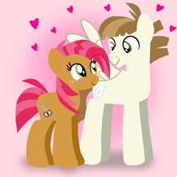 Size: 1400x1400 | Tagged: safe, artist:mlplary6, babs seed, featherweight, earth pony, pegasus, pony, g4, adorababs, boyfriend and girlfriend, cute, featherbetes, female, heart, lineless, looking at each other, looking at someone, love, male, mare, older, older babs seed, older featherweight, ship:featherseed, shipping, smiling, smiling at each other, stallion, straight