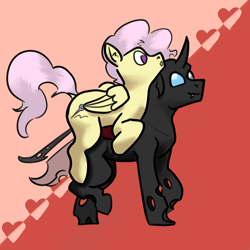Size: 3000x3000 | Tagged: safe, artist:fumalunga, oc, oc only, oc:cables, oc:coxa, changeling, pegasus, pony, anisocoria, carrying, changeling oc, gay, heart, high res, looking at each other, looking at someone, male, not fluttershy, pegasus oc, red changeling, smiling