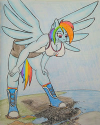 Size: 1280x1600 | Tagged: safe, artist:shrimpsauce, rainbow dash, pegasus, pony, anthro, g4, city, female, giantess, macro, traditional art