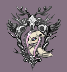 Size: 1000x1077 | Tagged: safe, artist:noupie, fluttershy, pegasus, pony, g4, antlers, bird skull, branches, deer skull, ear piercing, earring, female, floppy ears, fluttergoth, frown, jewelry, lidded eyes, looking at you, mare, piercing, purple background, simple background, skull, solo