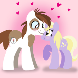 Size: 1400x1400 | Tagged: safe, artist:mlplary6, dinky hooves, pipsqueak, earth pony, pony, unicorn, g4, blushing, boyfriend and girlfriend, female, heart, lineless, looking at each other, looking at someone, love, male, mare, older, older dinky hooves, older pipsqueak, ship:dinkysqueak, shipping, smiling, smiling at each other, stallion, straight