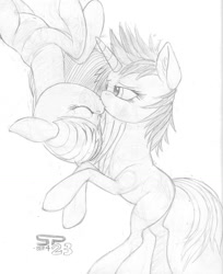 Size: 1100x1349 | Tagged: safe, artist:styroponyworks, dj pon-3, octavia melody, vinyl scratch, earth pony, pony, unicorn, g4, duo, duo female, ears back, eyes closed, female, from above, horn, kissing, lesbian, monochrome, ship:scratchtavia, shipping, sketch, traditional art