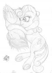 Size: 1100x1556 | Tagged: safe, artist:styroponyworks, carrot top, derpy hooves, golden harvest, earth pony, pegasus, pony, g4, butt, cuddling, dock, duo, duo female, female, folded wings, mare, monochrome, nuzzling, plot, sketch, tail, traditional art, underhoof, wings