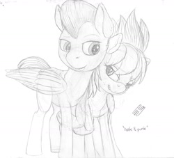 Size: 1404x1275 | Tagged: safe, artist:styroponyworks, cloudchaser, thunderlane, pegasus, pony, g4, duo, duo male and female, female, folded wings, hug, lidded eyes, looking at each other, looking at someone, male, mare, monochrome, raised hoof, ship:thunderchaser, shipping, signed, sketch, stallion, standing, straight, tomboy, tongue out, traditional art, winghug, wings